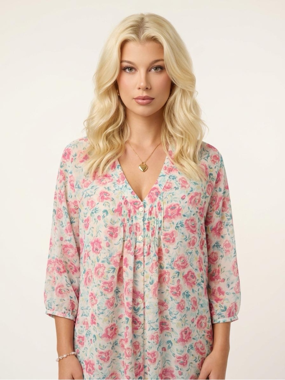 LC Lauren Conrad Pink & Cream Floral Long Sleeve V-Neck Blouse